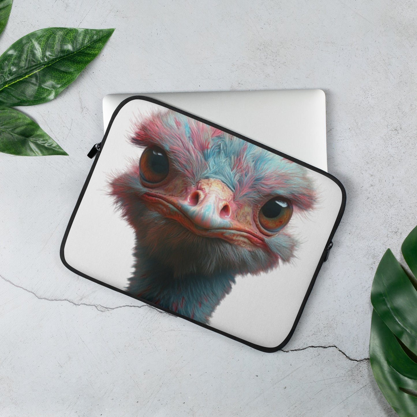 Housse pour ordinateur portable avec illustration d’autruche pop colorée sur fond blanc