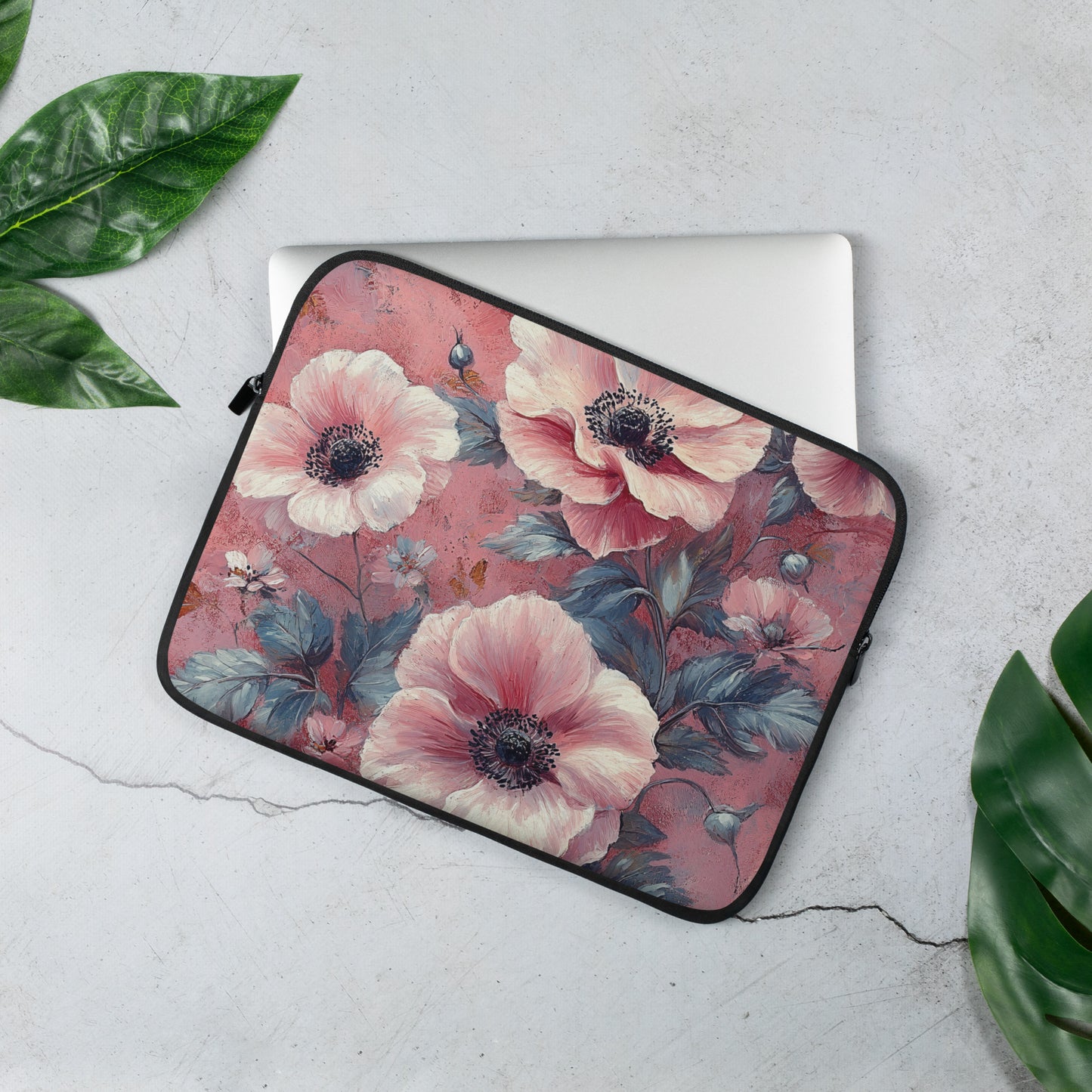 Housse d’ordinateur Floréa avec motif floral rose poudré et bleu - le lama qui rit