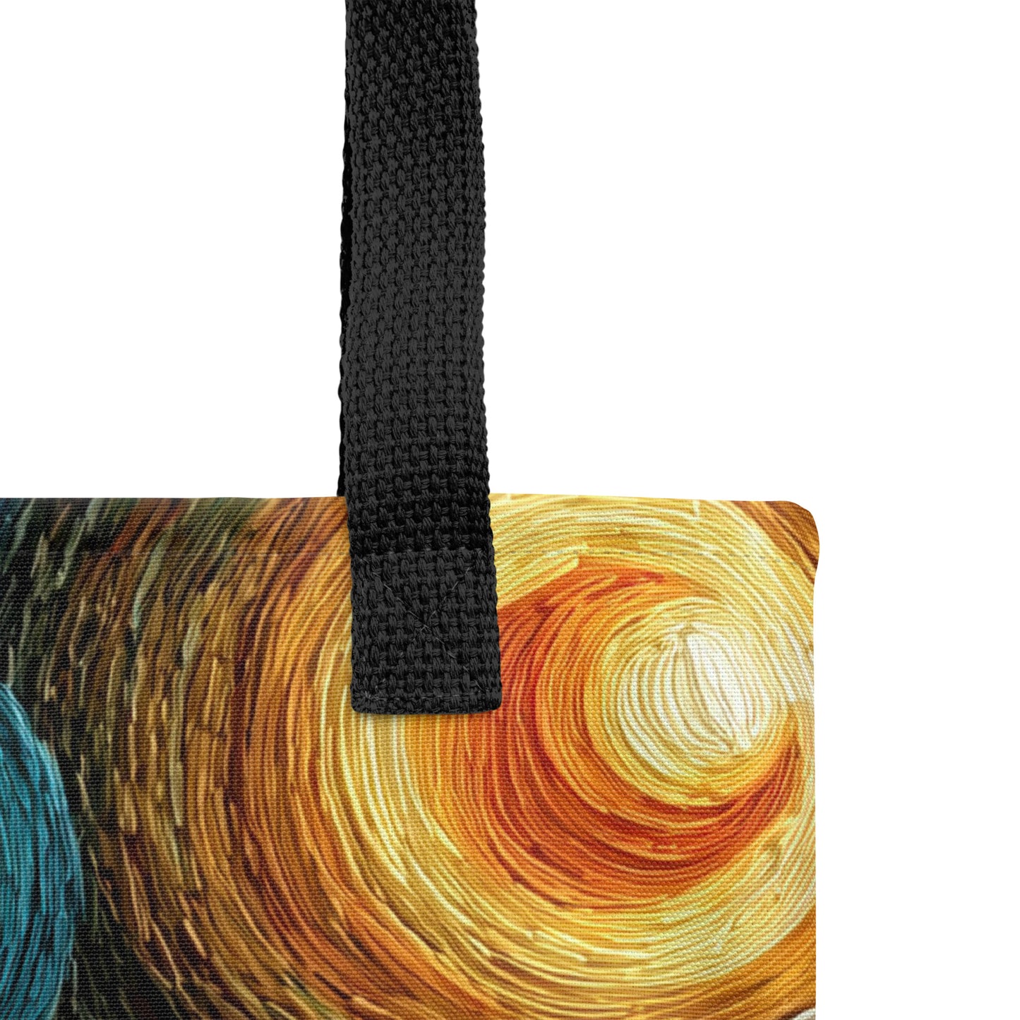 Tote bag décoré d’un paysage naturel avec lac, arbres et couleurs vibrantes.