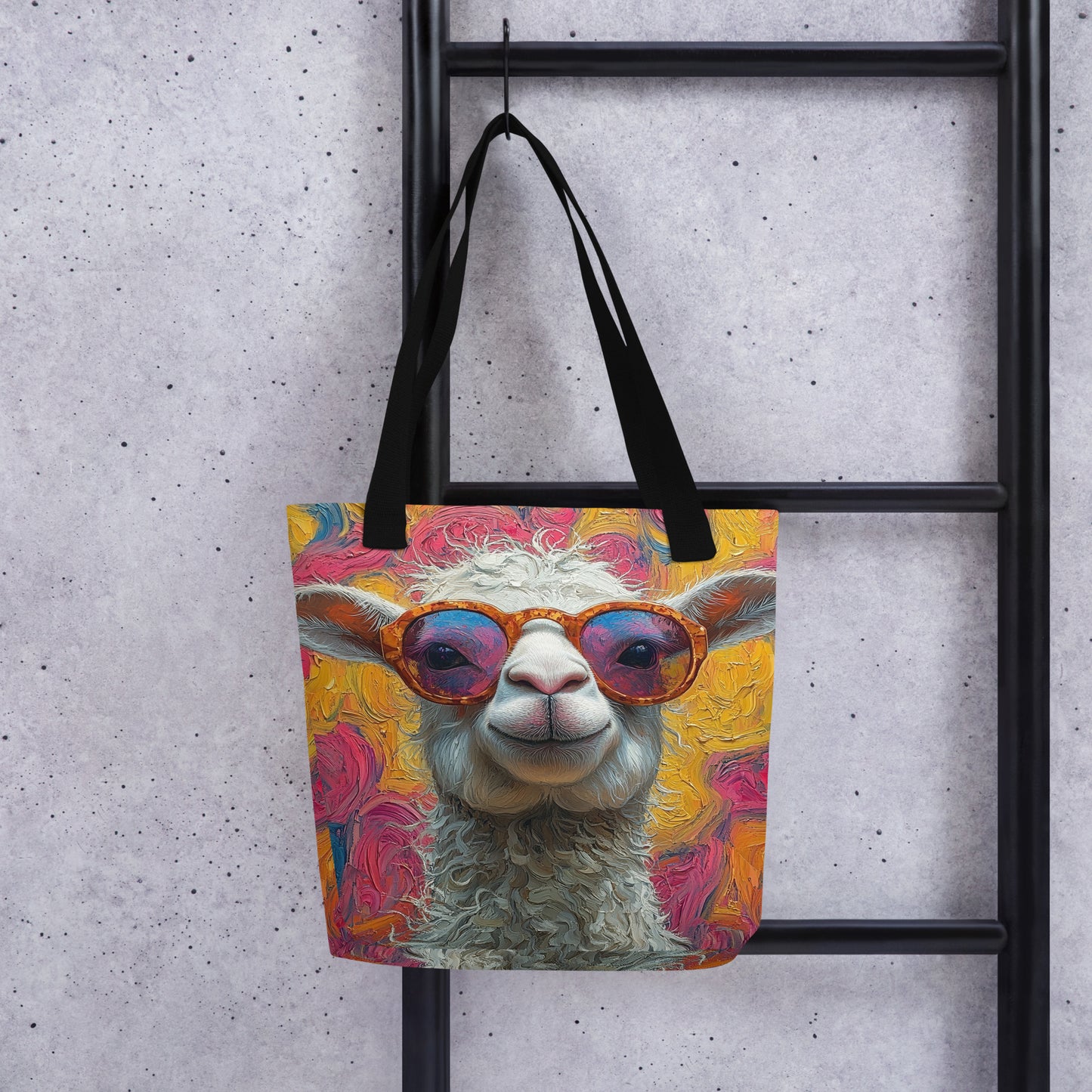Tote bag animal pop représentant un alpaga expressif sur fond abstrait