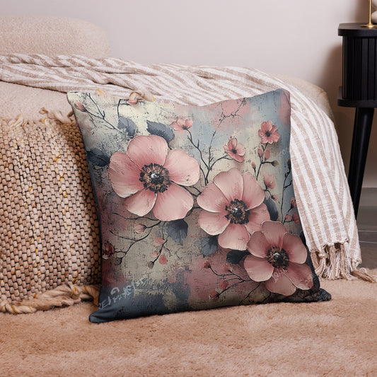 Coussin Lueur Florale avec fleurs roses et bleues, style poétique, décoration intérieure, 22 "