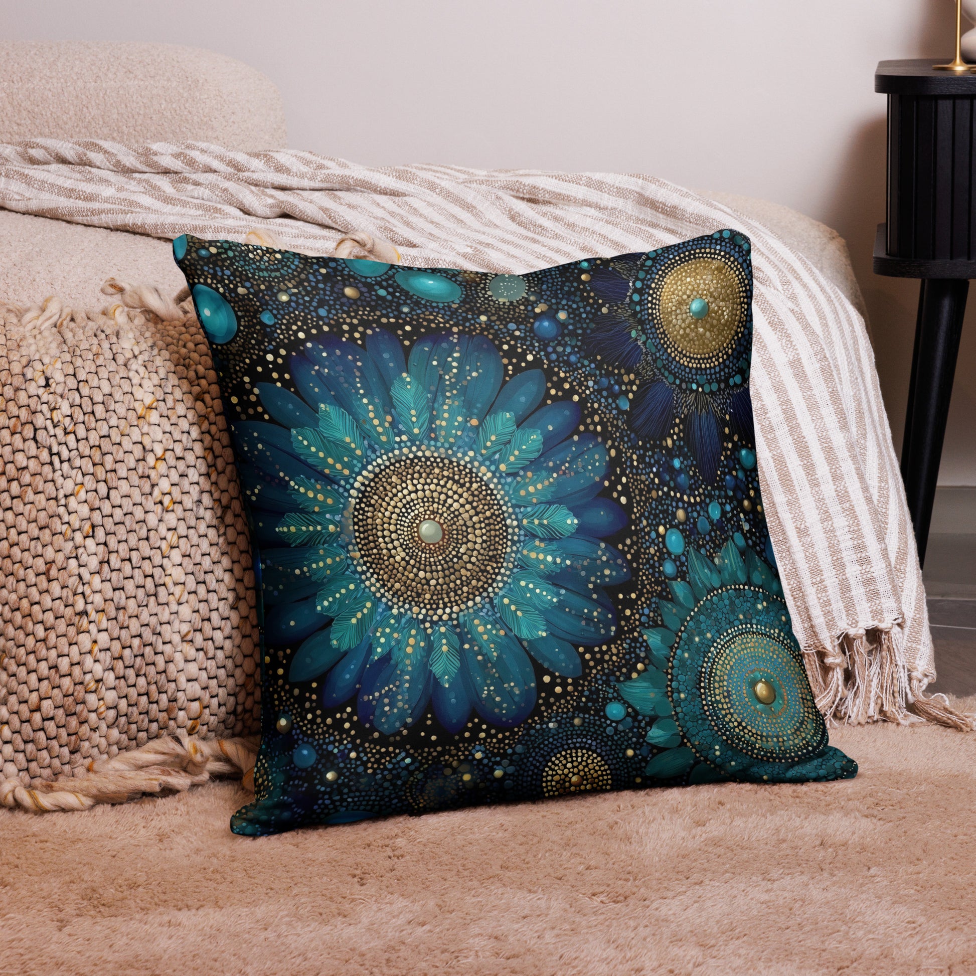 Coussin Fleurs de Nuit sur canapé, ambiance cosy et poétique dans le salon