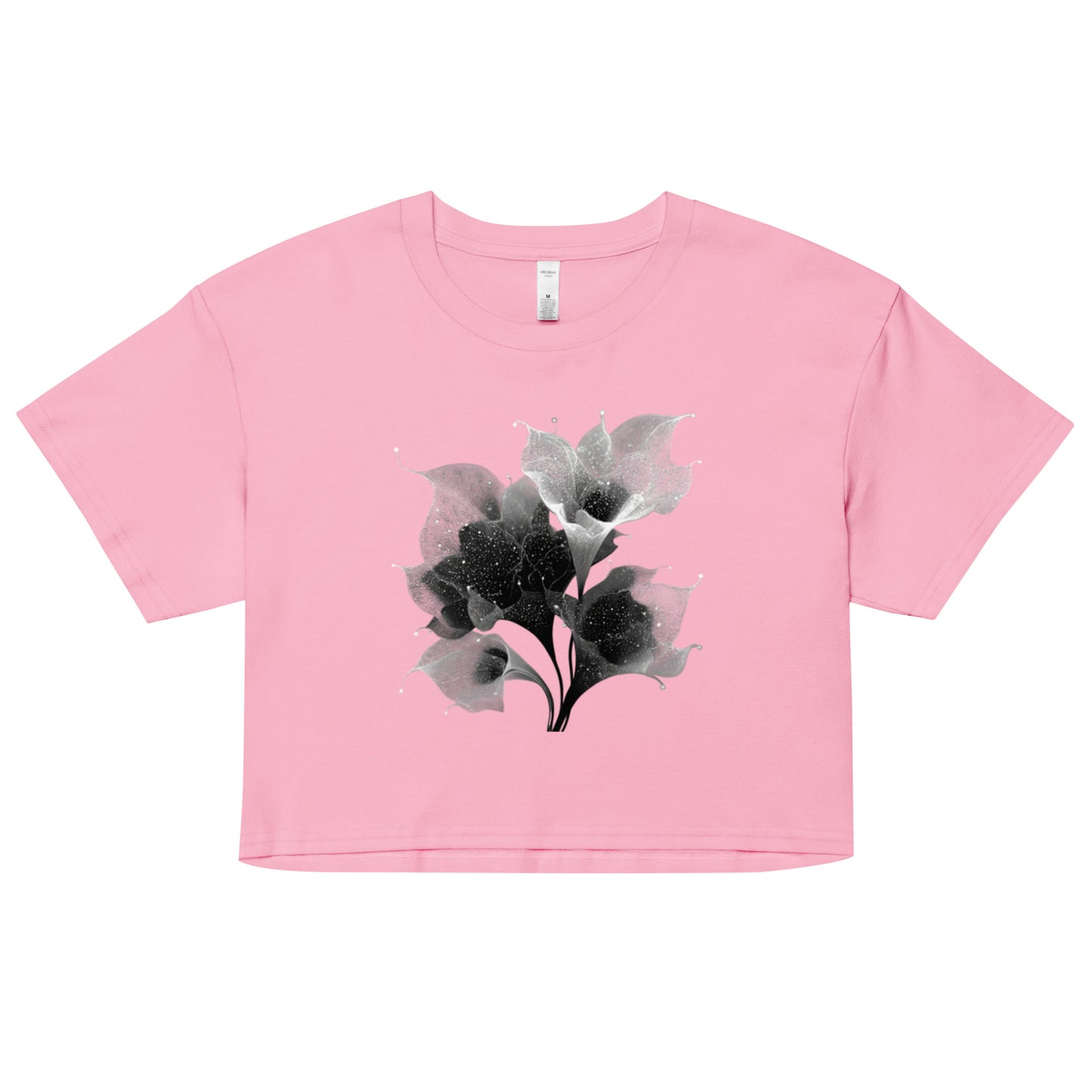 Crop top rose bubblegum motif floral astral blanc – look poétique et nature