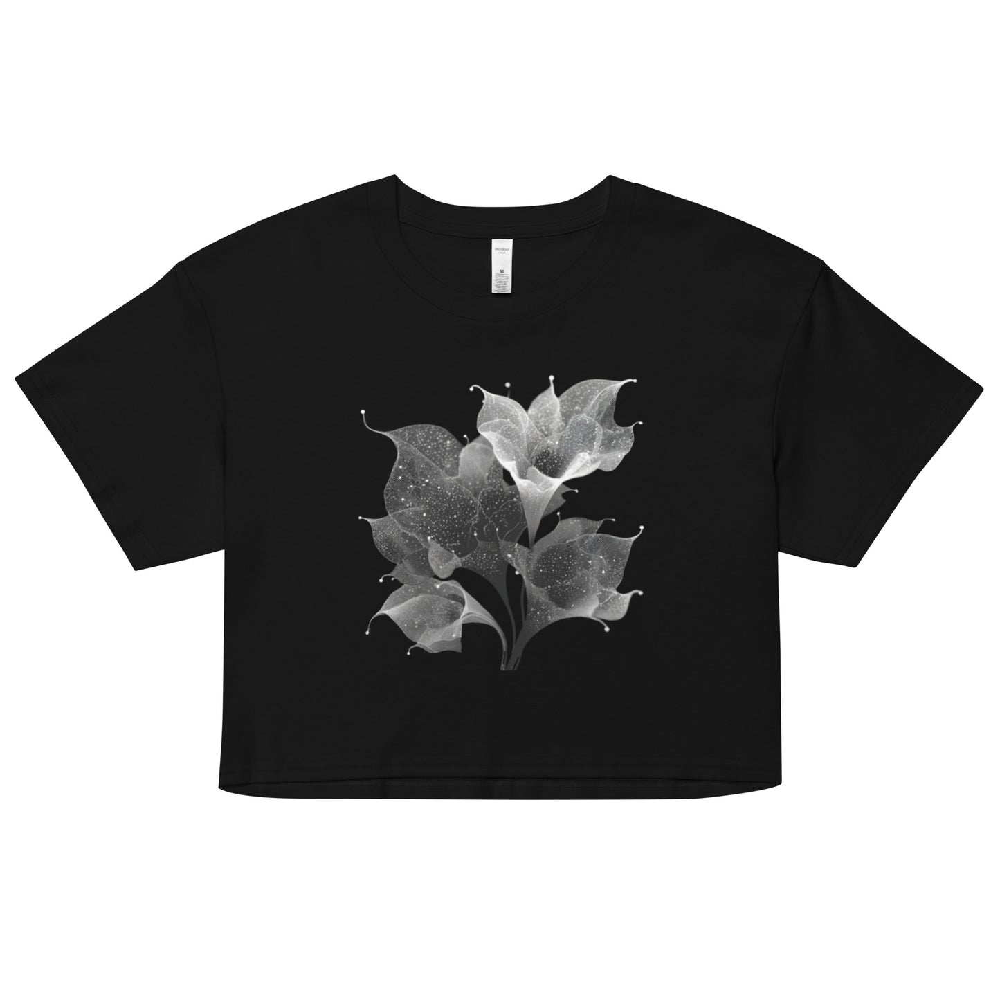 Crop top noir motif floral astral blanc – look poétique et nature