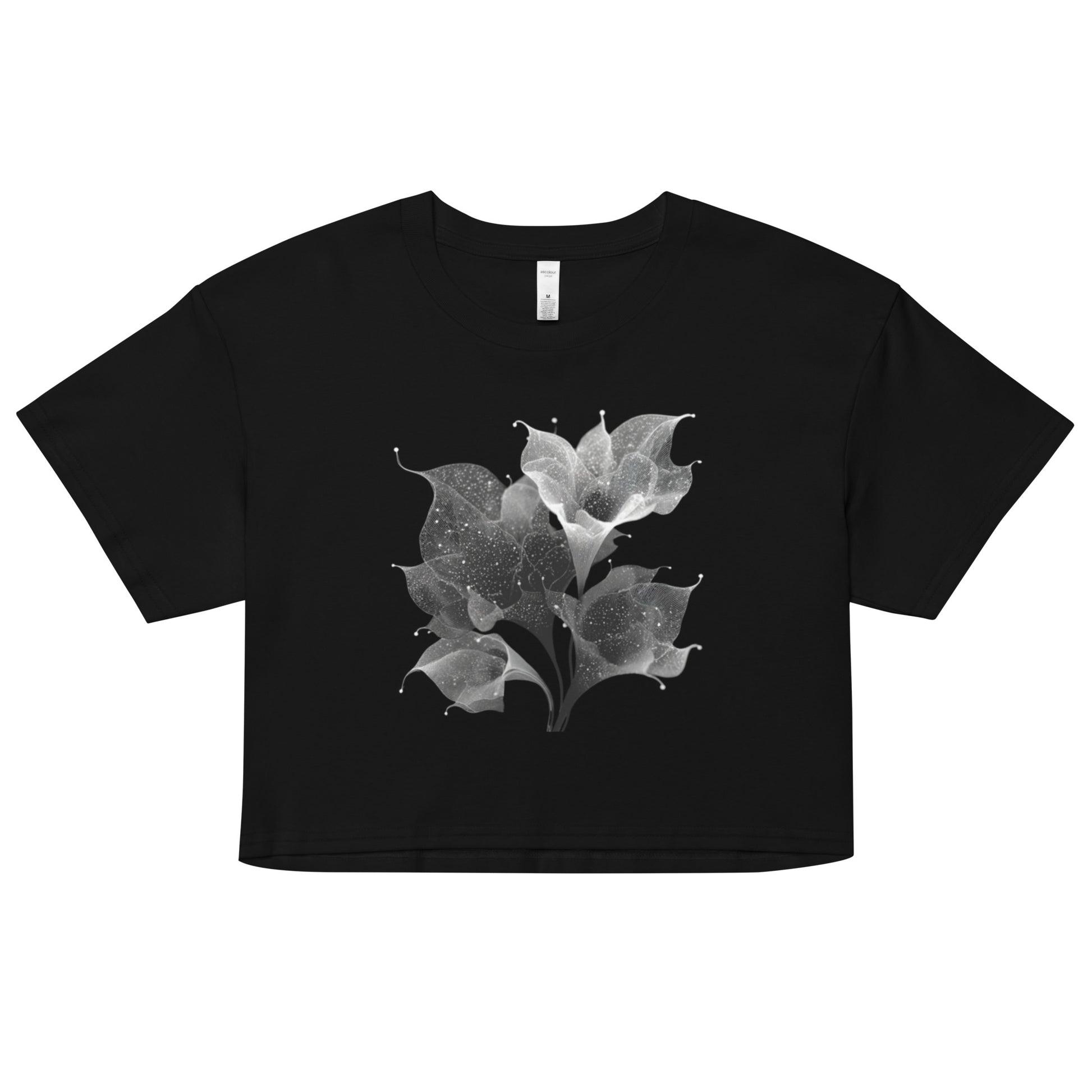 Crop top noir motif floral astral blanc – look poétique et nature