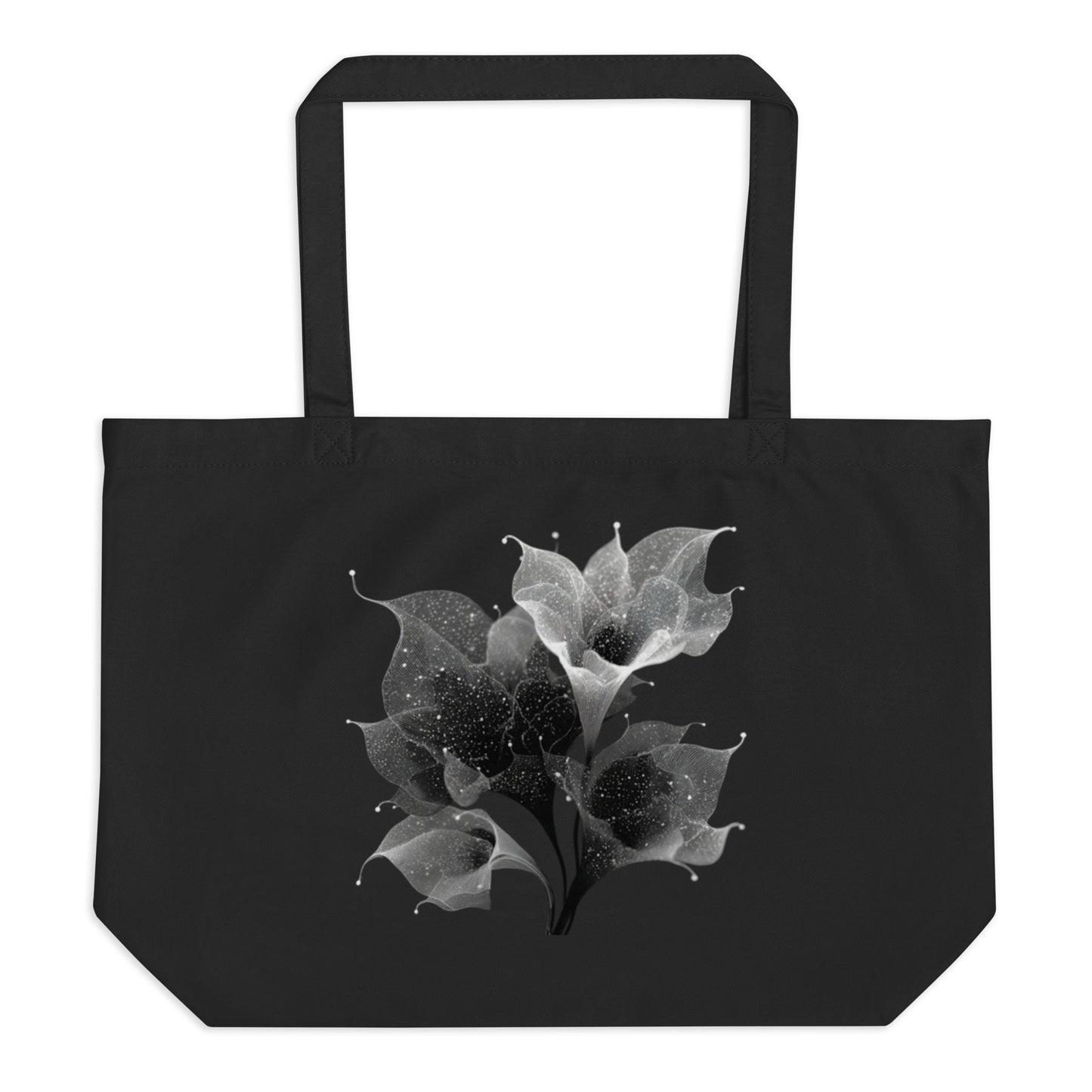 Tote bag bio noir avec motif floral astral blanc et minimaliste