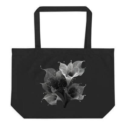 Tote bag bio noir avec motif floral astral blanc et minimaliste