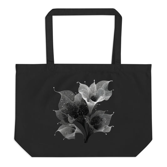 Tote bag bio noir avec motif floral astral blanc et minimaliste