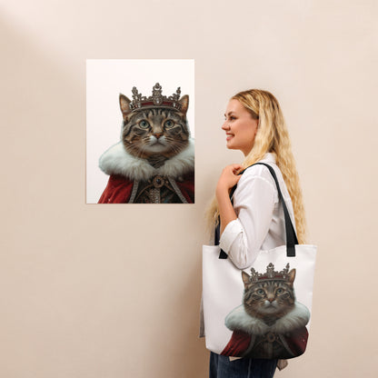 Illustration décalée d’un chat en tenue royale imprimée sur tote bag