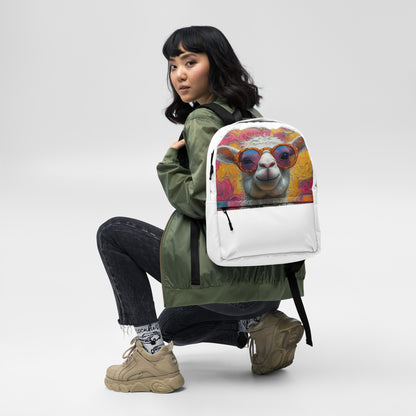 Illustration originale de lama funky sur sac à dos blanc, style urbain et pop art.