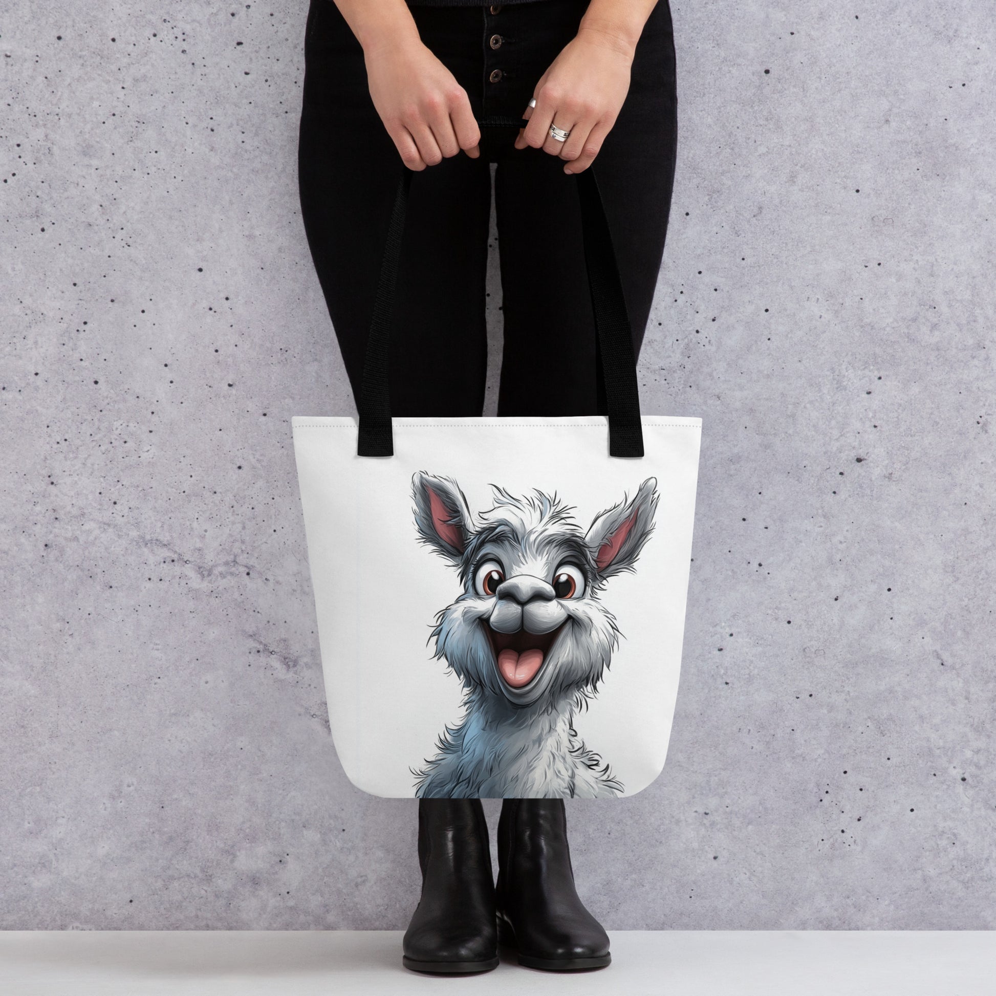 Sac réutilisable affichant un lama au sourire contagieux