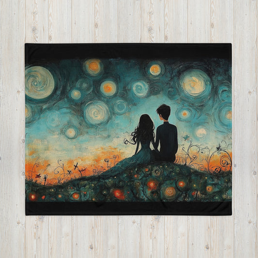 Plaid Veillée – deux silhouettes assises sous un ciel étoilé poétique