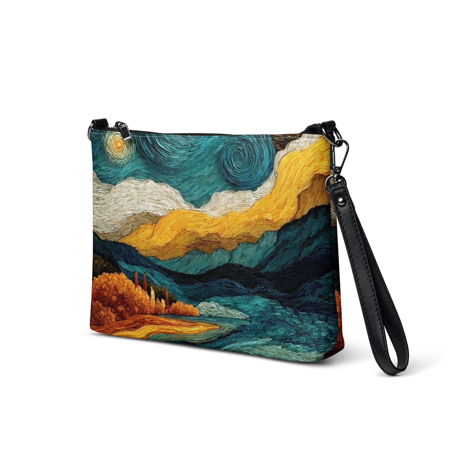 Sac artistique pour femme avec ciel étoilé bleu et touches dorées.