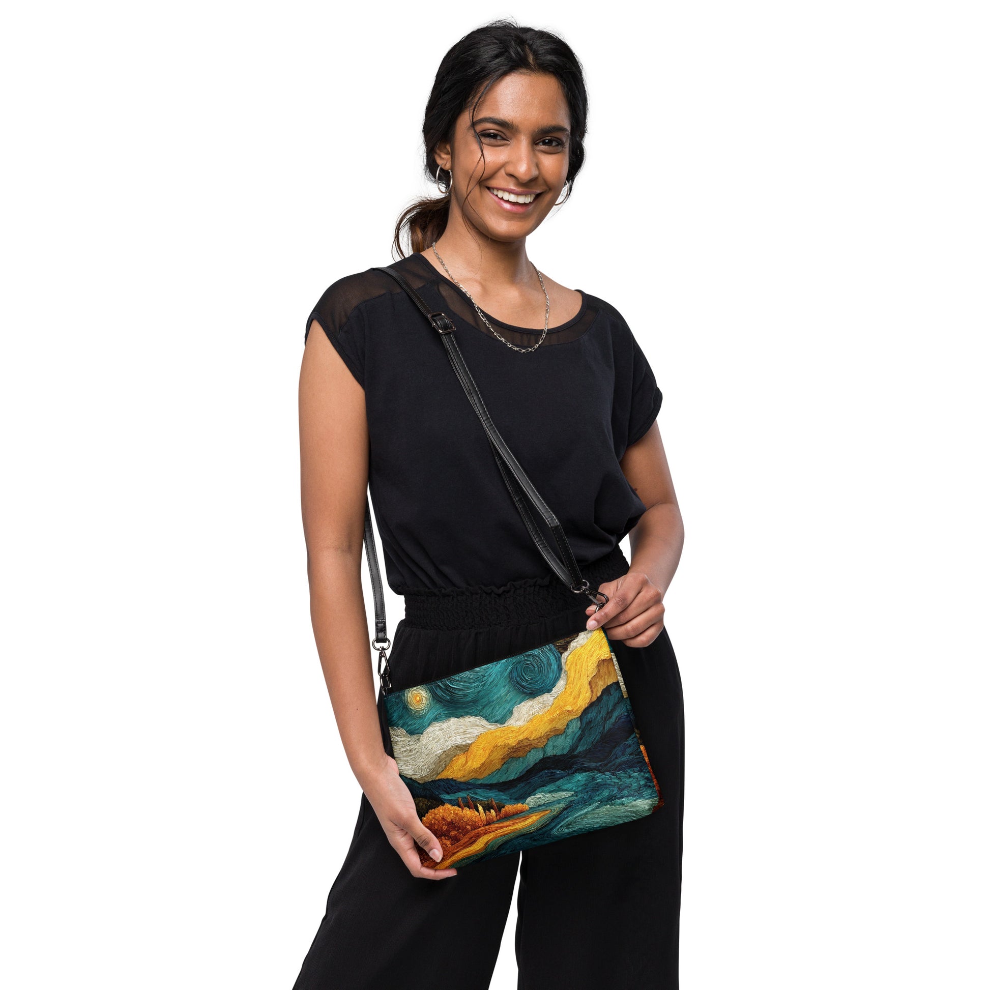 Sac artistique en faux cuir avec paysage tourbillonnant bleu et soleil jaune style Van Gogh.