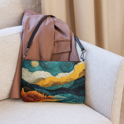 Sac en bandoulière Ciel Poétique avec illustration inspirée de La Nuit étoilée, tons bleu nuit et or.