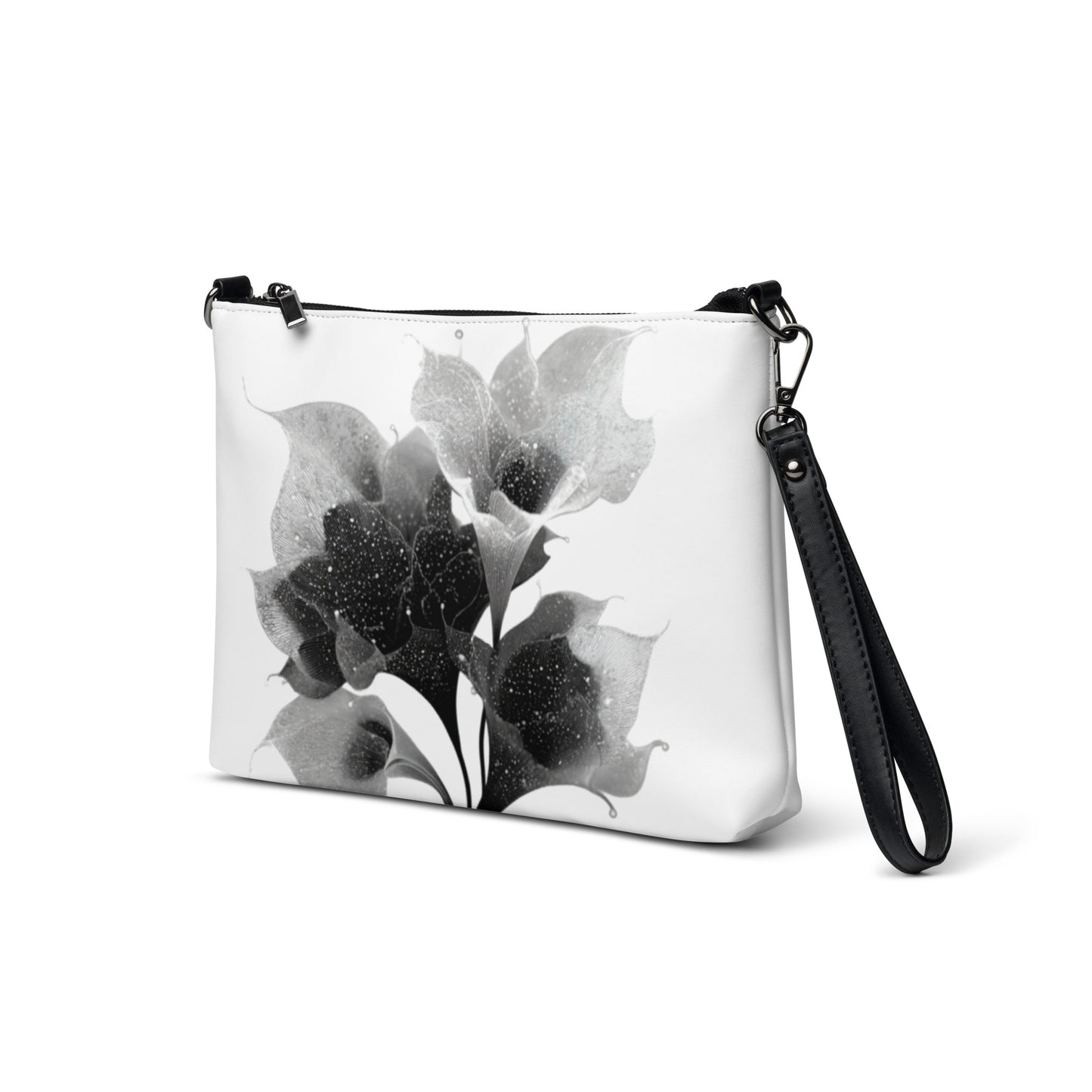Sac en bandoulière minimaliste avec design floral épuré et détails gris foncé.