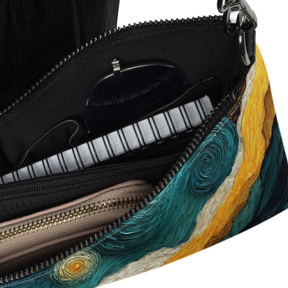 Sac minimaliste représentant un paysage montagneux bleu et doré façon peinture impressionniste.