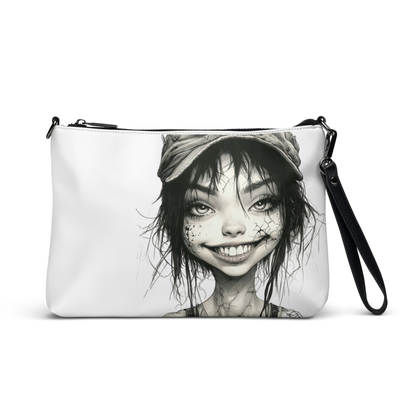 Illustration grunge et portrait enfantin sur sac bandoulière, style unique et tendance