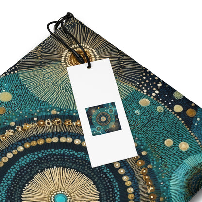 Détail du motif céleste bleu profond et or sur sac en bandoulière, collection Abstrait et Poétique.