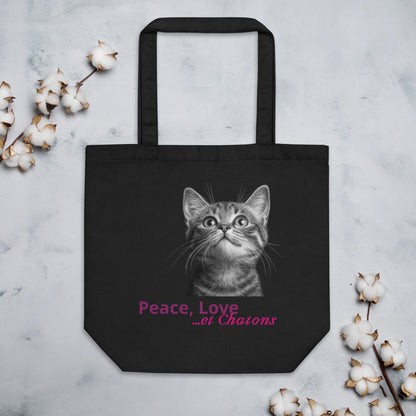 Sac en coton bio avec chaton regardant vers le haut, style tendre