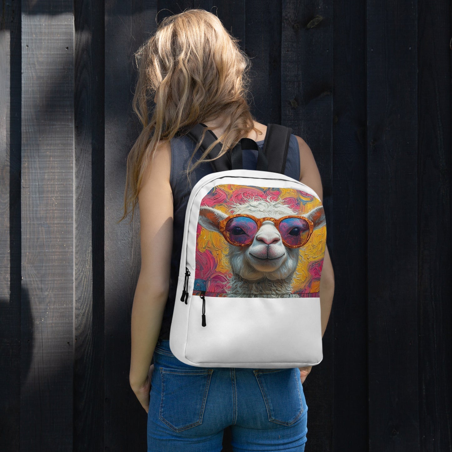 Sac à dos résistant à l’eau avec illustration pop d’un lama au style graphique et coloré.