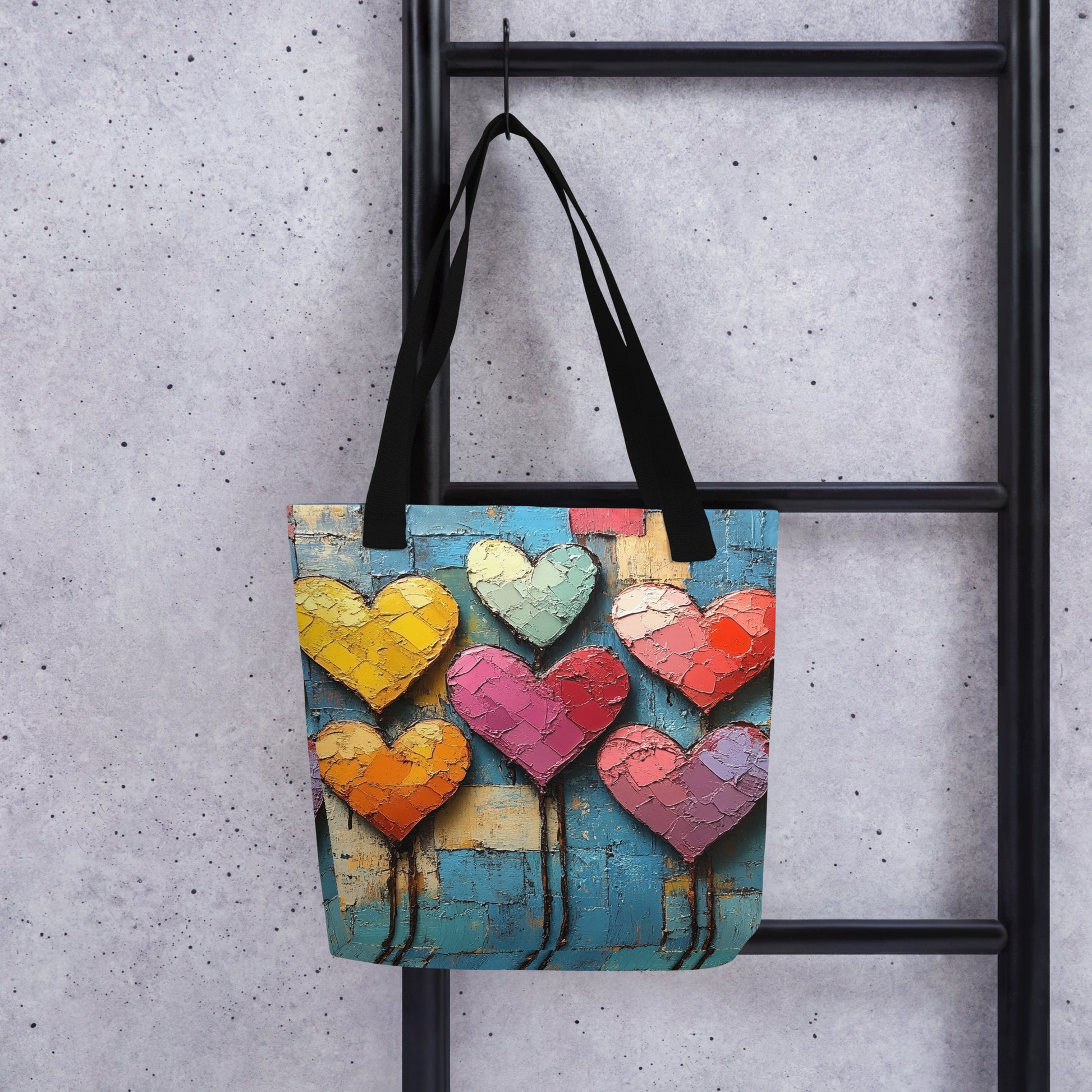 Sac fourre-tout avec motif artistique de cœurs multicolores style pop