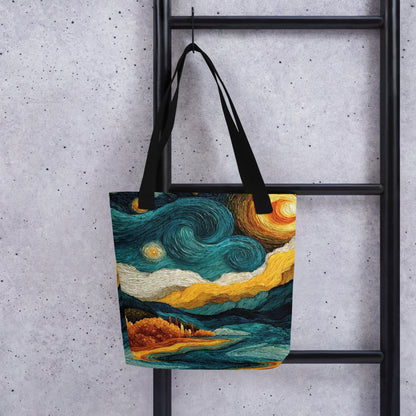 Sac fourre-tout représentant un paysage poétique avec montagnes, lac et nuages ondulants.