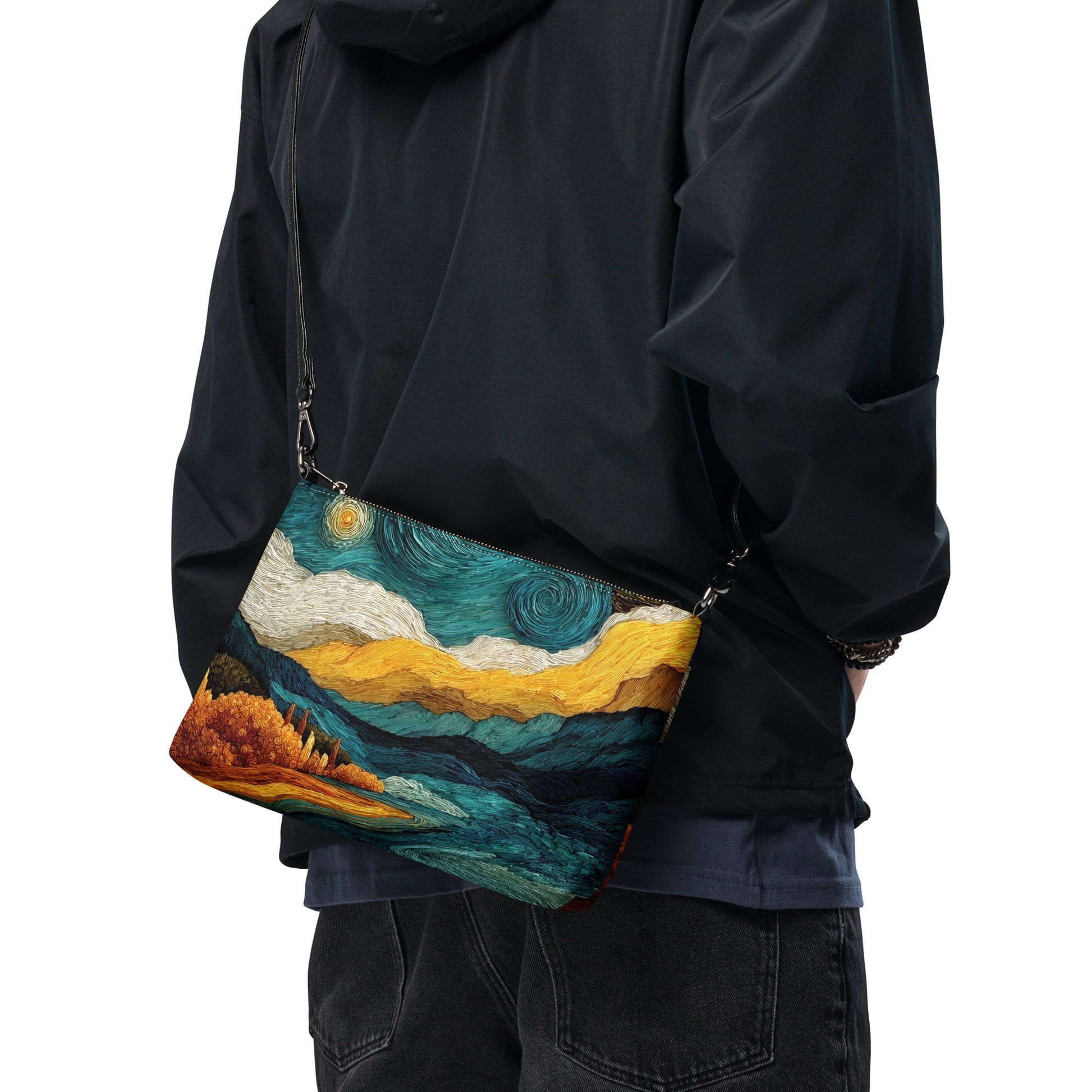 Accessoire mode Suisse avec ciel tourbillonnant poétique et détails naturels.