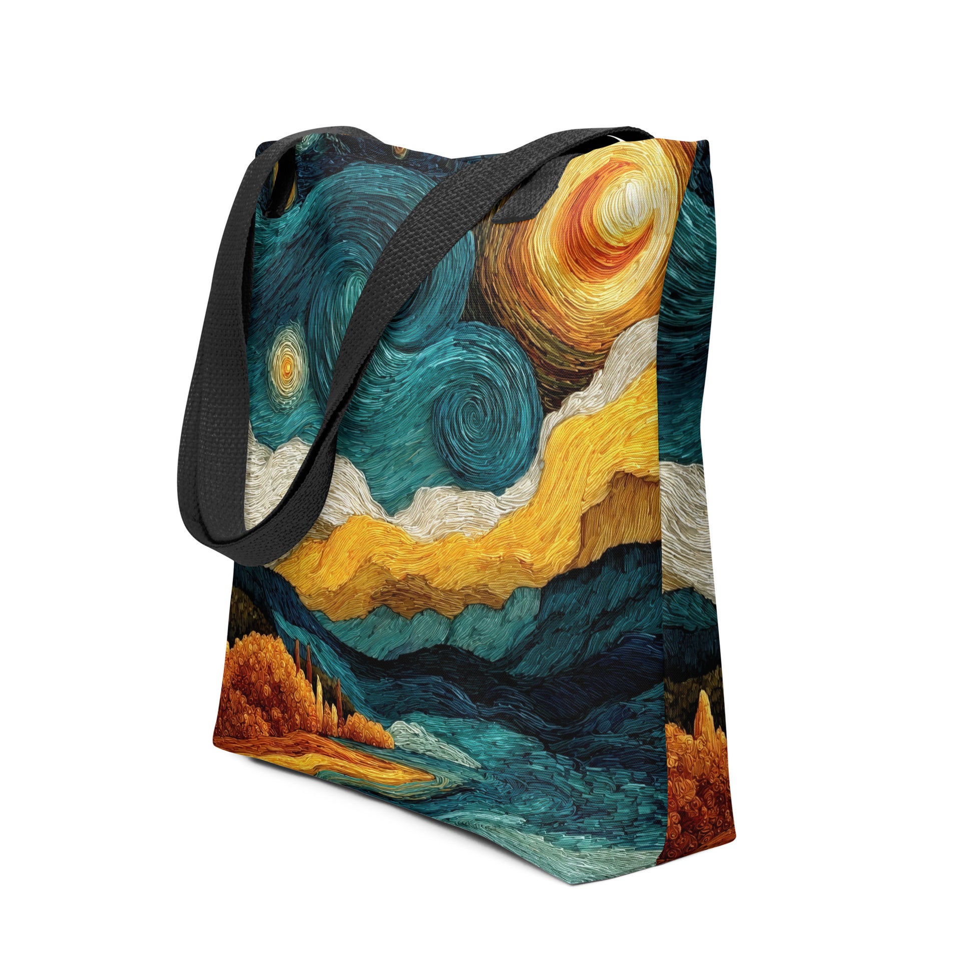 Sac tendance avec illustration féerique mêlant ciel étoilé, soleil et nature stylisée.