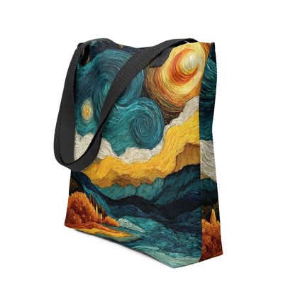Sac tendance avec illustration féerique mêlant ciel étoilé, soleil et nature stylisée.