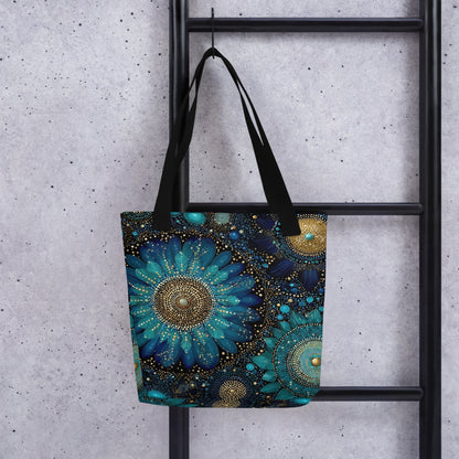Sac tote bag poétique aux fleurs dorées sur fond sombre