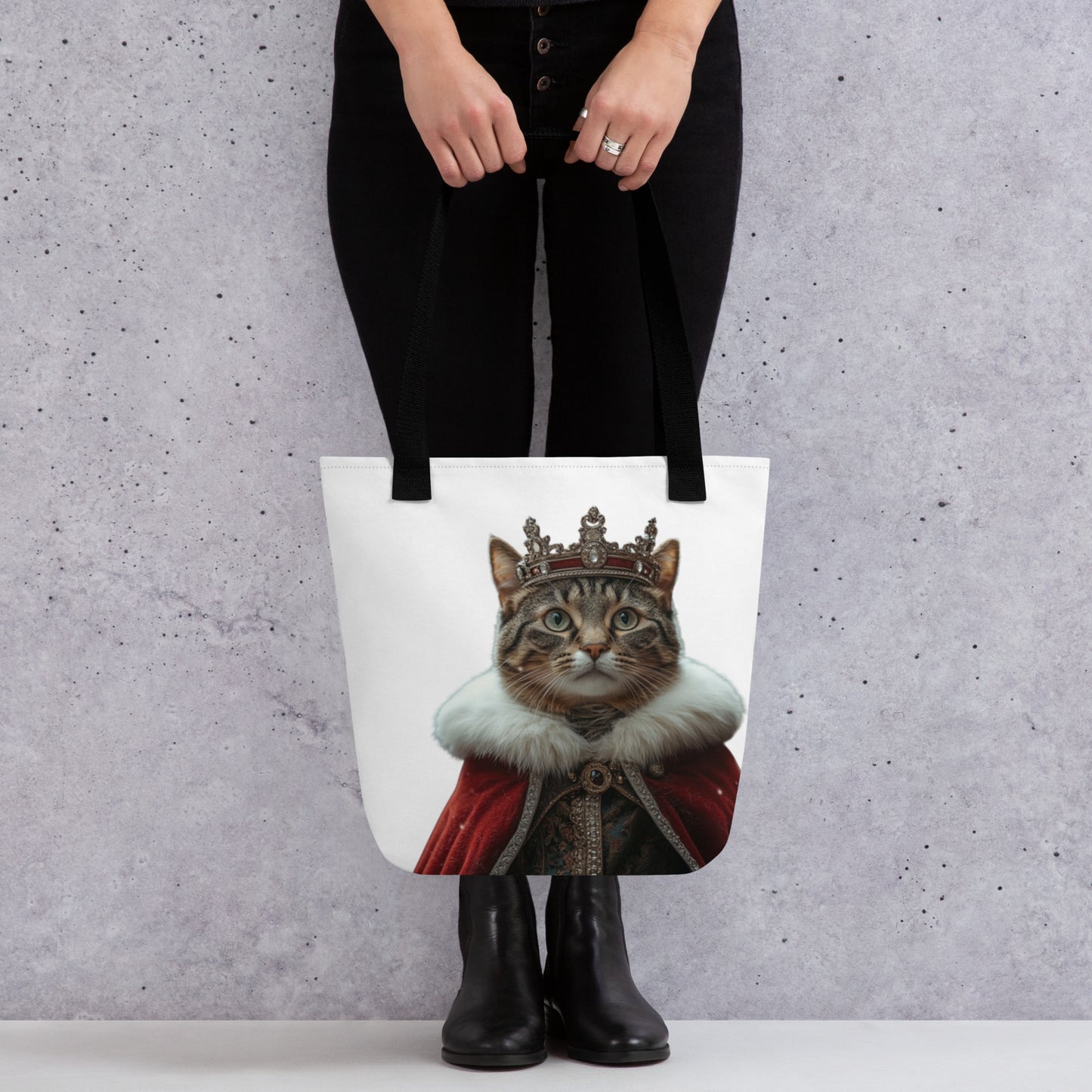 Sac tote blanc avec illustration tendre d’un chat portant une couronne