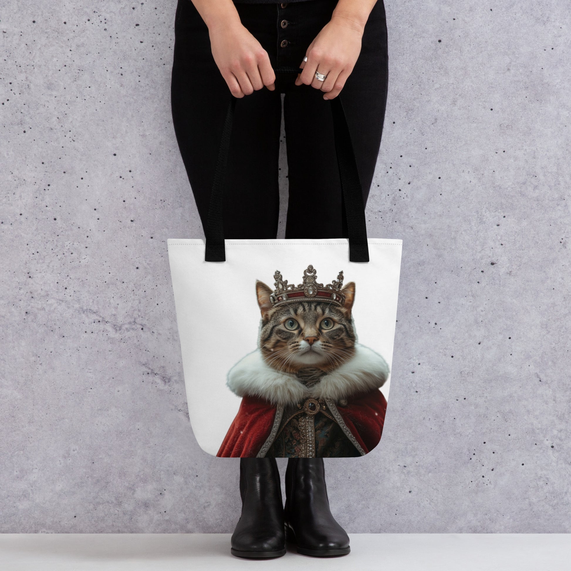 Sac tote blanc avec illustration tendre d’un chat portant une couronne