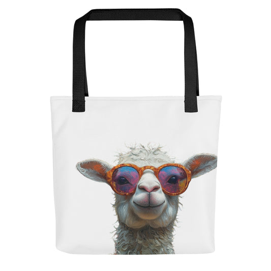 Sac tote bag minimaliste avec lama portant des lunettes de soleil, design épuré