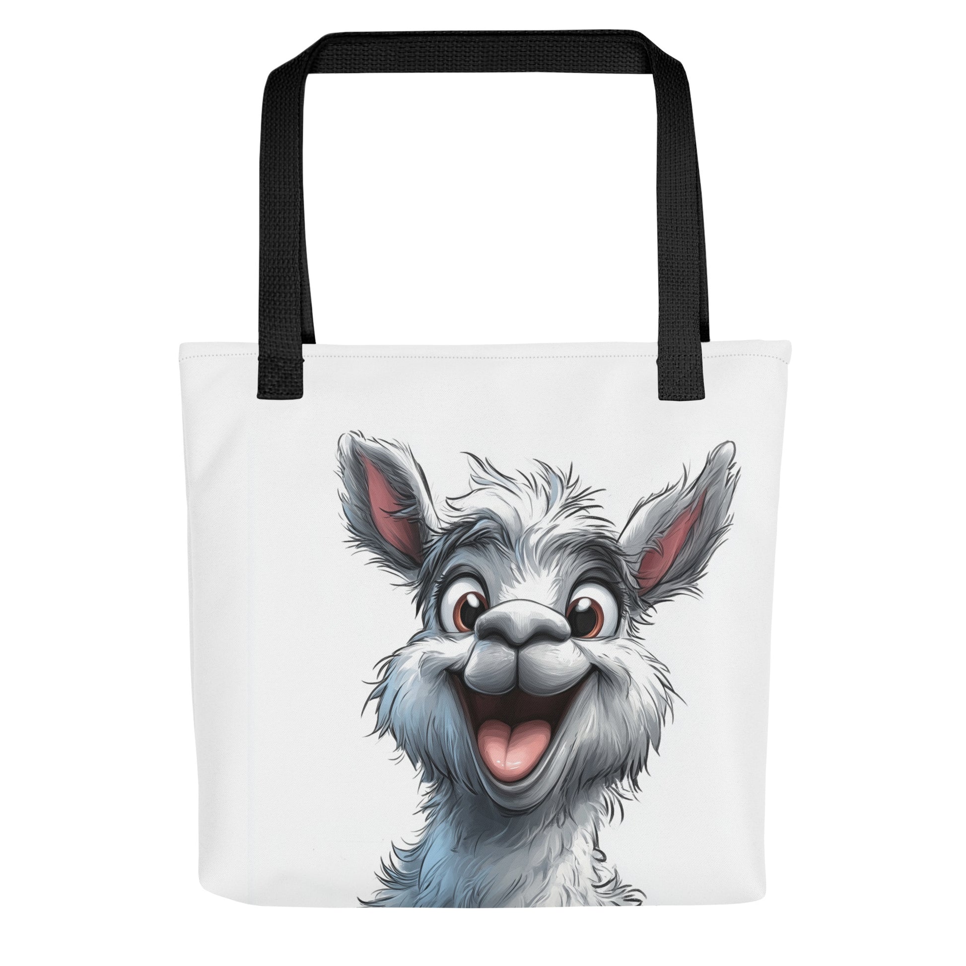 Tote bag avec illustration d’un lama souriant, style décalé, collection Animaux