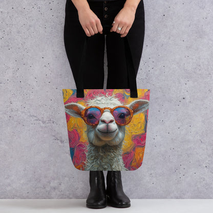 Tote bag alpaga funky avec design artistique coloré et esprit ludique