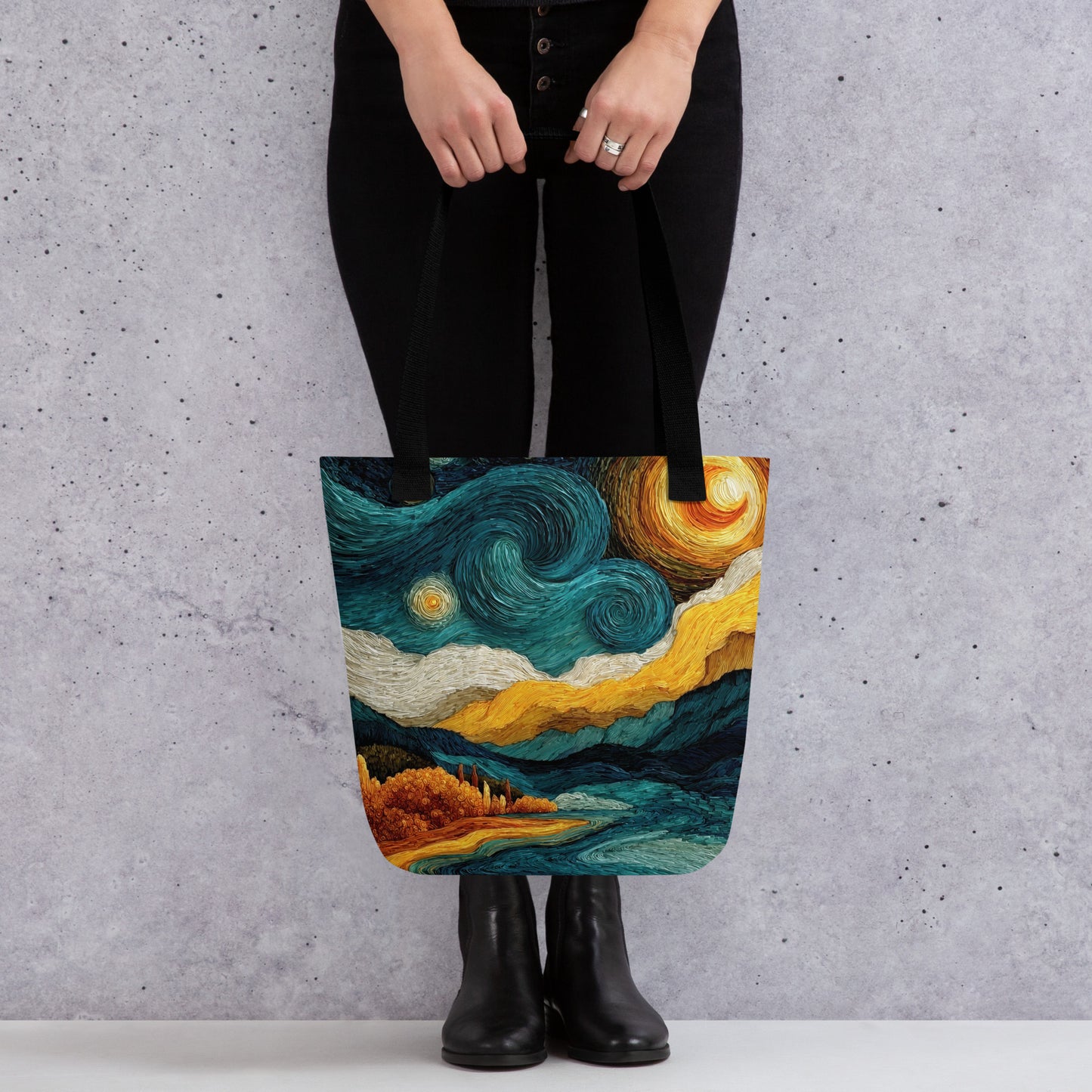 Tote bag artistique présentant un ciel tourbillonnant bleu et jaune, style peinture expressive.