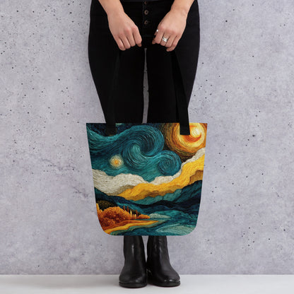 Tote bag artistique présentant un ciel tourbillonnant bleu et jaune, style peinture expressive.