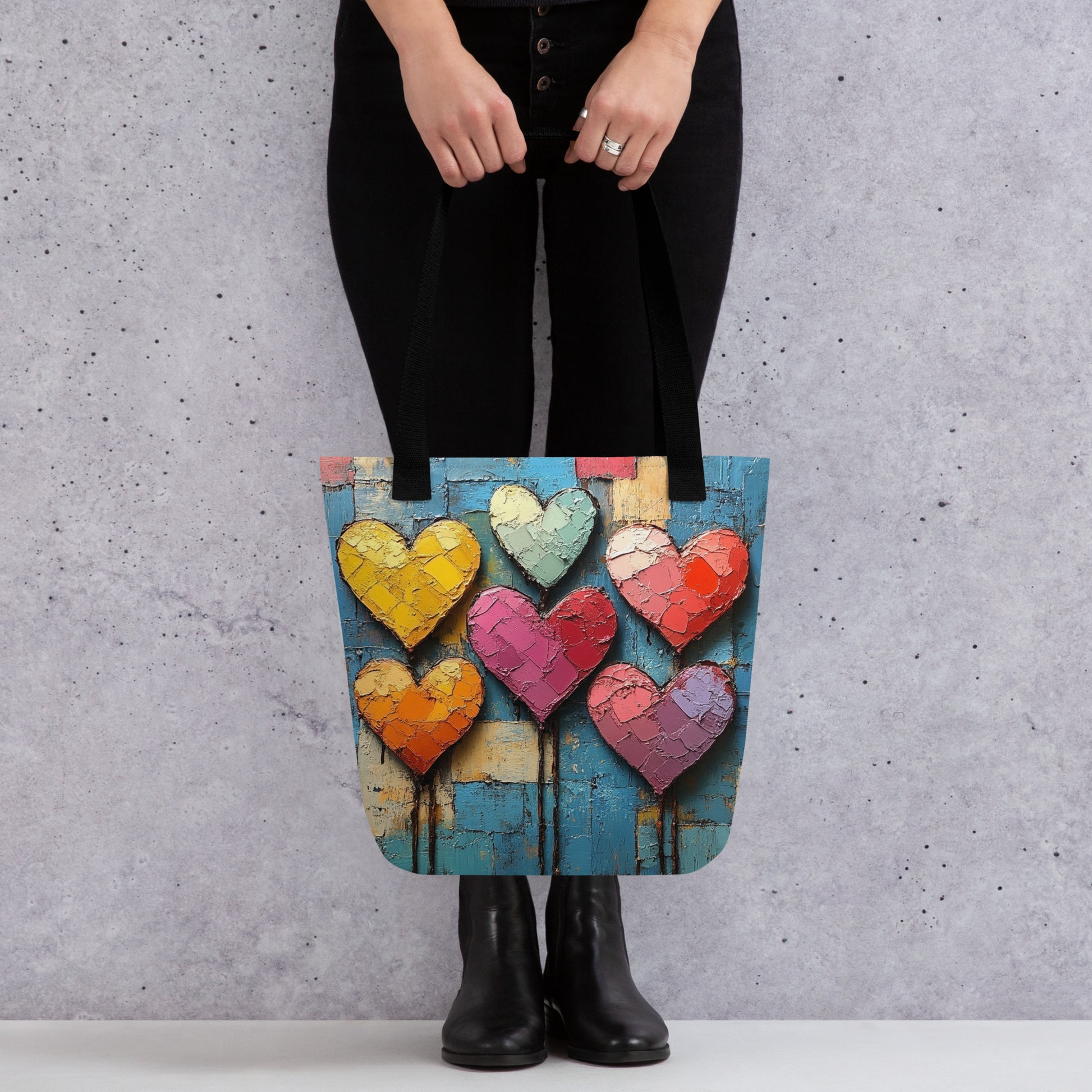 Tote bag au motif de cœurs peints façon coups de pinceau pop art anses noires