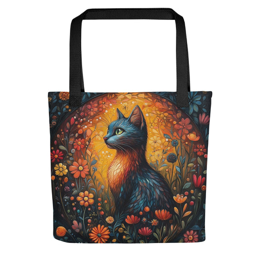 Tote bag avec illustration d’un chat majestueux dans un jardin fleuri, style poétique et tendre.