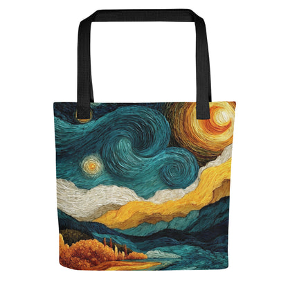 Tote bag avec illustration inspirée de La Nuit étoilée, ciel tourbillonnant bleu nuit et soleil doré.