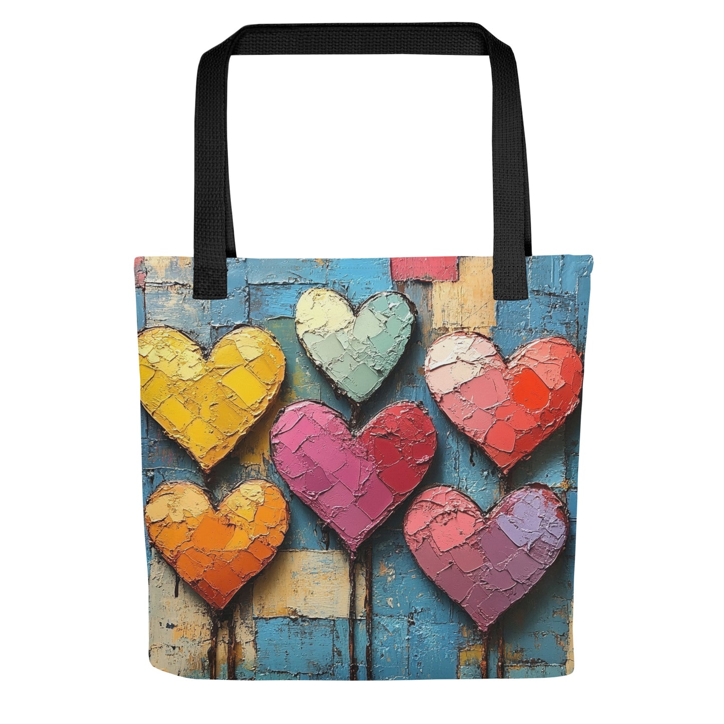 Tote bag Cœurs en Fête avec six cœurs colorés sur fond bleu texturé