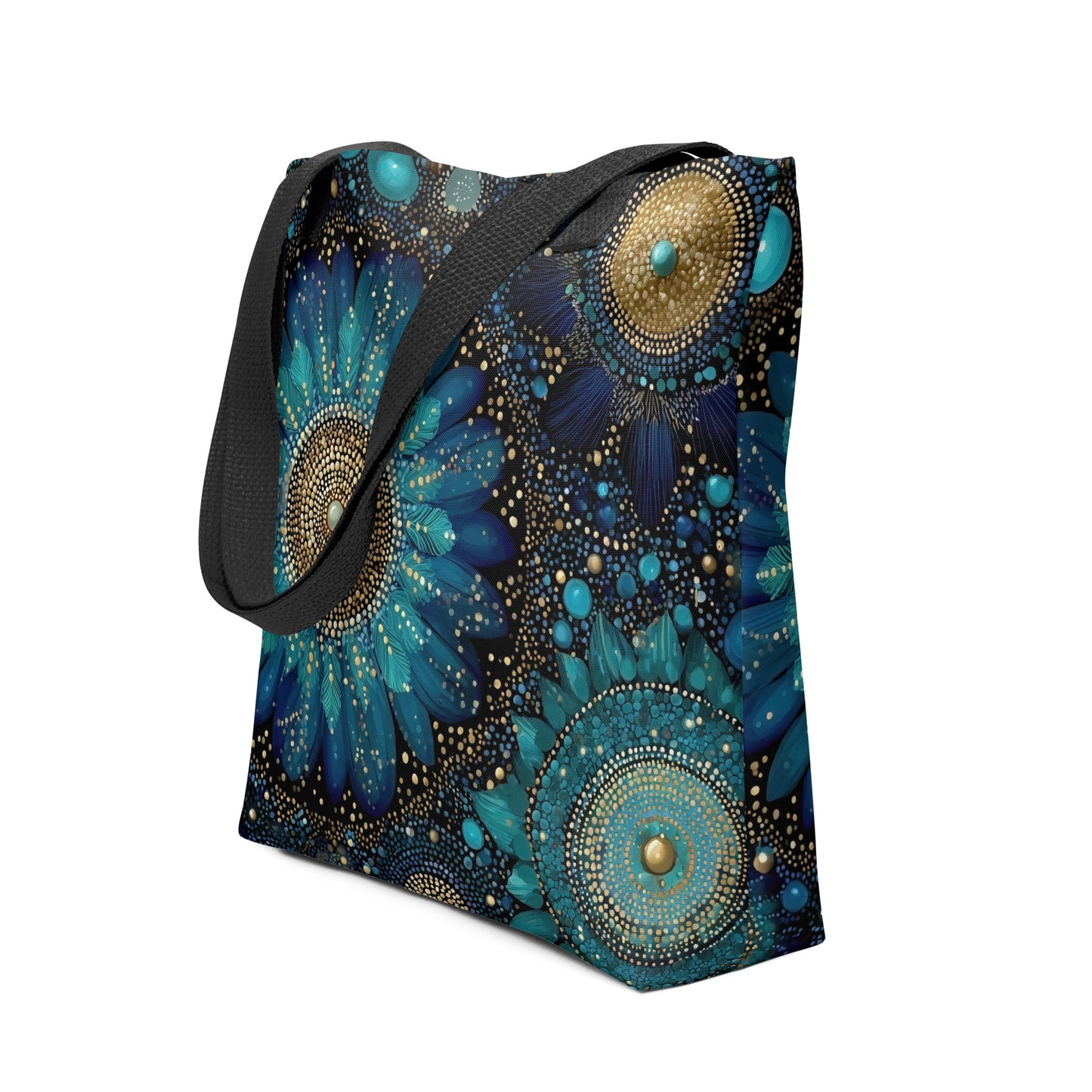 Tote bag abstrait aux motifs de fleurs bleues et dorées