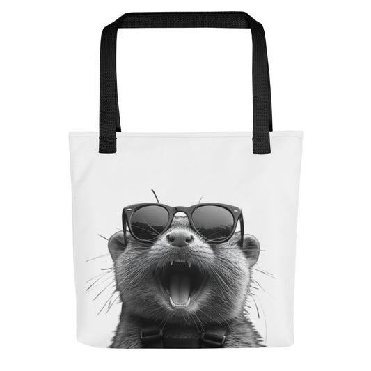 Tote bag blanc avec illustration de loutre en noir et blanc portant des lunettes de soleil