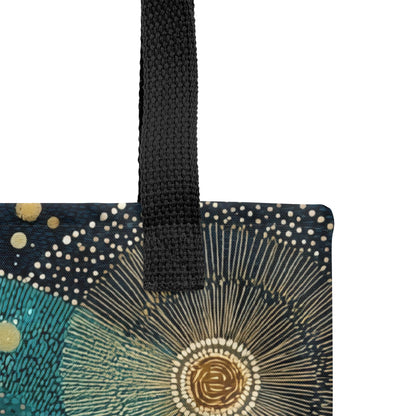 Zoom sur anse du tote bag design cosmique avec cercles rayonnants et symboles sacrés