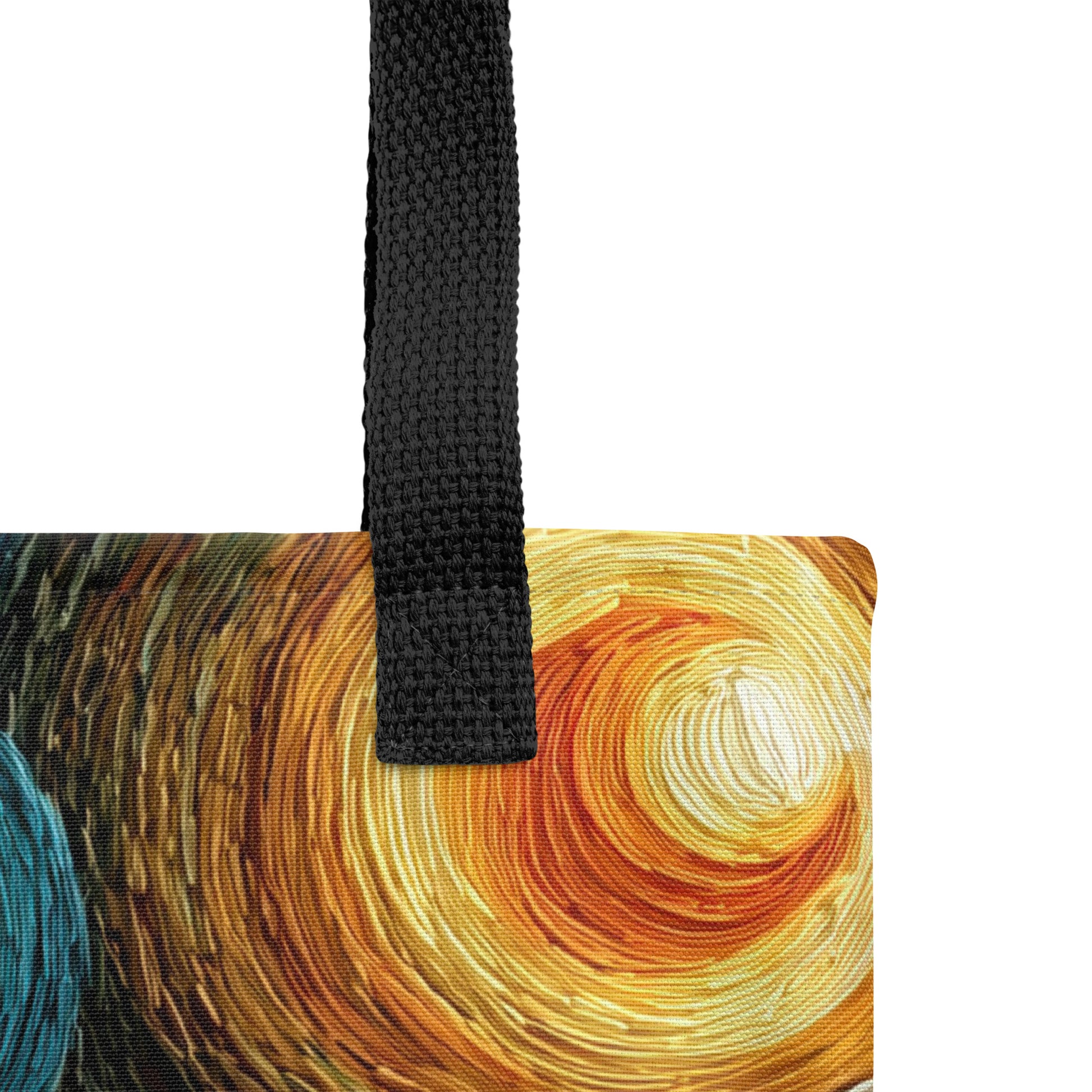 Tote bag décoré d’un paysage naturel avec lac, arbres et couleurs vibrantes.