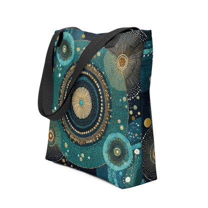 Tote bag “Résonance Céleste” avec motif abstrait doré inspiré des constellations . Posé sur fond blanc de 3/4