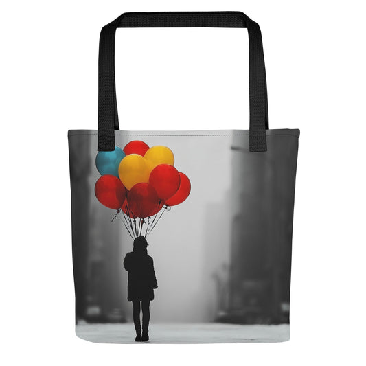 Tote bag artistique avec silhouette urbaine tenant des ballons colorés dans un décor monochrome