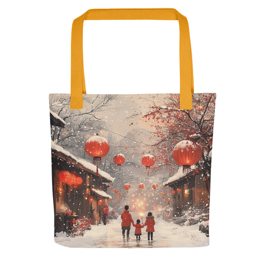 Tote bag poétique inspiré du Japon en hiver, illustration tendre et minimaliste - anses jaunes