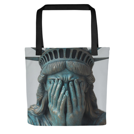 Tote bag Triste Démocratie avec illustration de la Statue de la Liberté se couvrant le visage